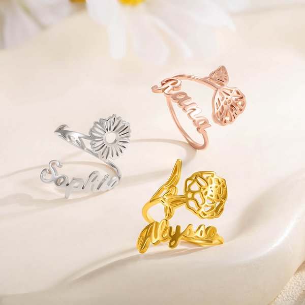 Anello personalizzato con nome e fiore di nascita gioiello minimalista festa della mamma regalo di compleanno e occasioni speciali per donne e ragazze