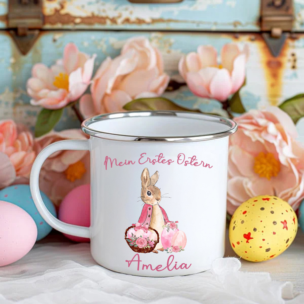 Personalisierter Frohe Ostern Peter Hase 355 ml Emaille Becher mit Namen Ei Blume Muster Ostern Party Geburtstag Geschenk für Kinder Familie