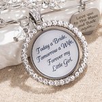 Personalized Bling Rhinestone Pearl Something Blue Engraved Bouquet Charm Pin Brooch with Photo Disc and Heart Charm Wedding Memorial Gift for Bride