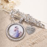 Personalized Bling Rhinestone Pearl Something Blue Engraved Bouquet Charm Pin Brooch with Photo Disc and Heart Charm Wedding Memorial Gift for Bride