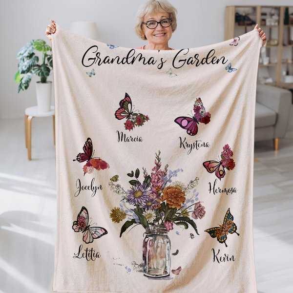 Personnalisé 1-10 Fleur de naissance Papillon Jardin Couverture douce avec nom et prénom Anniversaire Fête des mères Cadeau pour Maman Grand-mère Famille