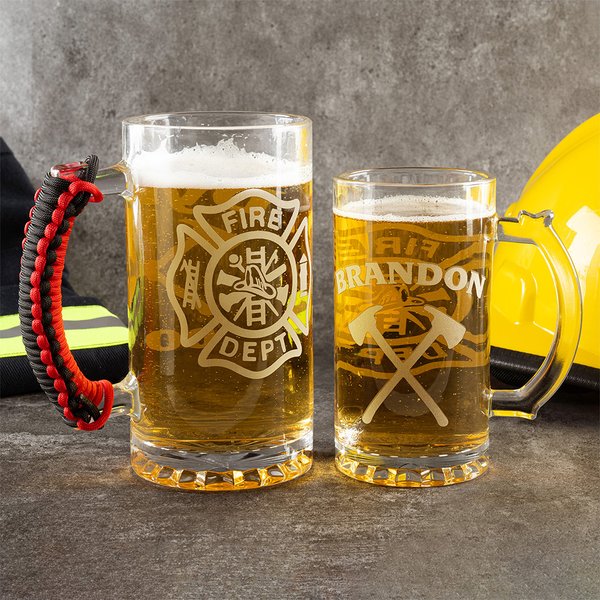 Personalized Firefighter Silhouette Axe Design Name Badge Numbered Beer Mug with Handle Birthday Fire Station Party Appreciation Gift for Firefighters