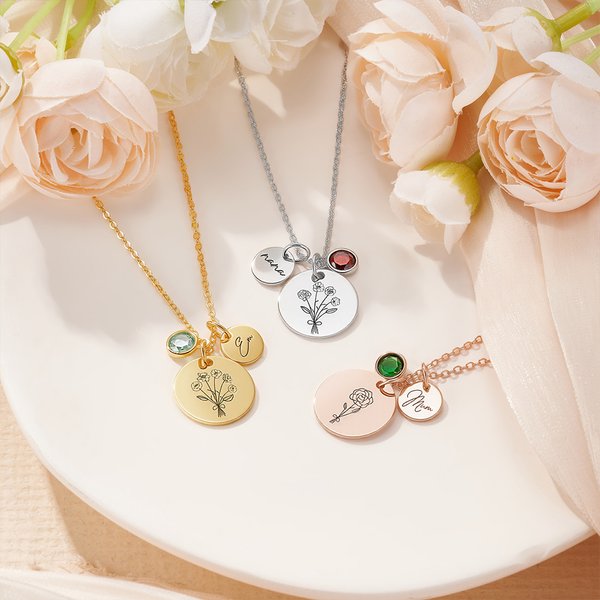 Collar Colgante Personalizado Disco Flor de Nacimiento Piedra de Nacimiento con Nombre Grabado Dainty Jewelry Mother's Day Birthday Gift for Her