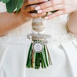 Personalized Bling Rhinestone Pearl Something Blue Engraved Bouquet Charm Pin Brooch with Photo Disc and Heart Charm Wedding Memorial Gift for Bride