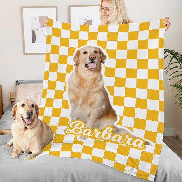 Coperta personalizzata a quadri multicolore con foto di cani e gatti e nome Regalo di compleanno per padroni di animali domestici
