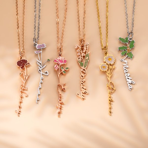 Namnhalsband med egen födelseblomma för henne Födelsedag Bröllopsgåva Smycken Namnkedja Present till kvinnor