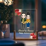 Personalized Cartoon Couple Character LED Night Light with Names and Wooden Base Home Decor Anniversary Valentine's Day Gift for Couple