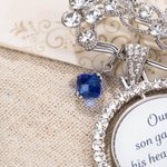 Personalized Bling Rhinestone Pearl Something Blue Engraved Bouquet Charm Pin Brooch with Photo Disc and Heart Charm Wedding Memorial Gift for Bride