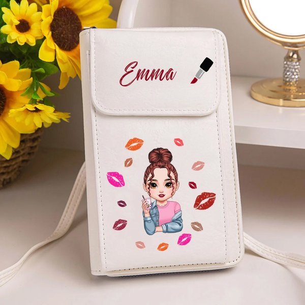 Gepersonaliseerde PU Leren Telefoon Schoudertas met Kusmond Cartoon Mode Meisje en Naam Crossbody Tas Portemonnee Verjaardag Cadeau voor Vrouwen