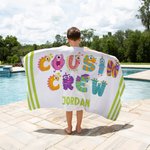 Personalized Multicolour Cute Monster Cousin Crew Oversized Quick Dry Beach Towel with Name Summer Travel Essential Pool Party Gift for Kids Family