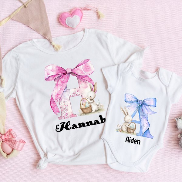 Personalized Cute Bunny Bow Initial 100% Cotton T-shirt Baby Bodysuit with Name Birthday Mother's Day Easter Gift for Baby Mom