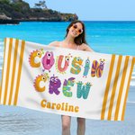 Personalized Multicolour Cute Monster Cousin Crew Oversized Quick Dry Beach Towel with Name Summer Travel Essential Pool Party Gift for Kids Family
