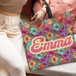 Bolsa de asas personalizada Bohemia Retro Floral Reutilizable con Apodo y Compartimentos Regalo de Cumpleaños Día de la Madre para Mujer