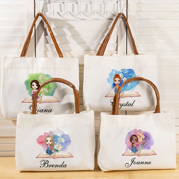 Personifierad Akvarell Födelse Blomma Tecknad Läsflicka Stor Canvas Tote Väska med Namn Födelsedag Jubileum Present till bibliotekarie Bokälskare