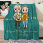 Personalized Cartoon Elder Couple Soft Blanket with Names and Texts Valentine's Day Wedding Anniversary Gift for Old Couple