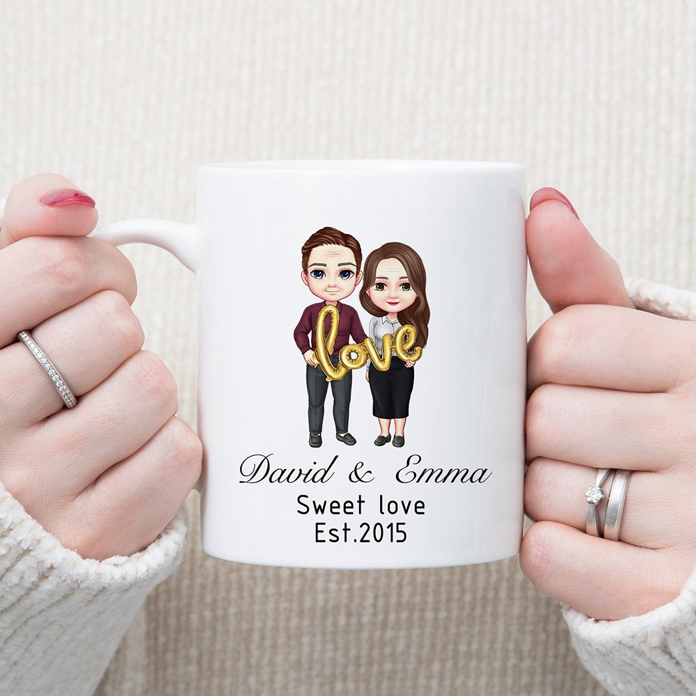 Taza de cerámica personalizada con nombres y texto de globos de dibujos animados regalo de San Valentín para parejas 2