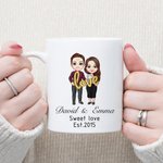 Taza de cerámica personalizada con nombres y texto de globos de dibujos animados regalo de San Valentín para parejas 2