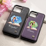Personalized Watercolor Cartoon Girl Birth Flower Book Leather Flip Wallet Phone Case with Name and RFID Blocking Card Holder Birthday Gift for Women