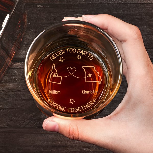 Personalised Never Too Far to State Maps 10 oz Whiskey Glass with Name Long Distance Housewarming Gift for Wine Lovers Friend Family