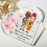 Personalized Cartoon Couple Heart-shaped Acrylic Plaque with Names and Texts Valentine's Day Wedding Anniversary Gift for Husband Wife