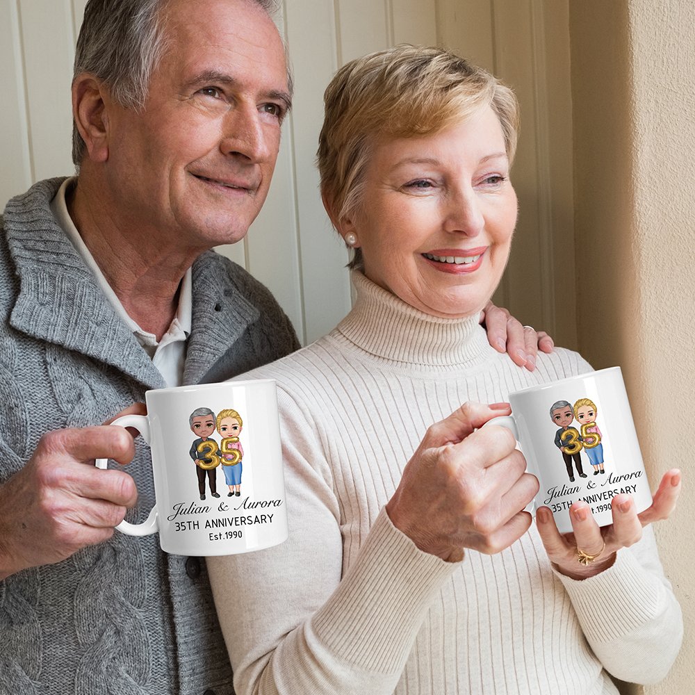 Taza de cerámica personalizada con nombres y texto de globos de dibujos animados regalo de San Valentín para parejas 4