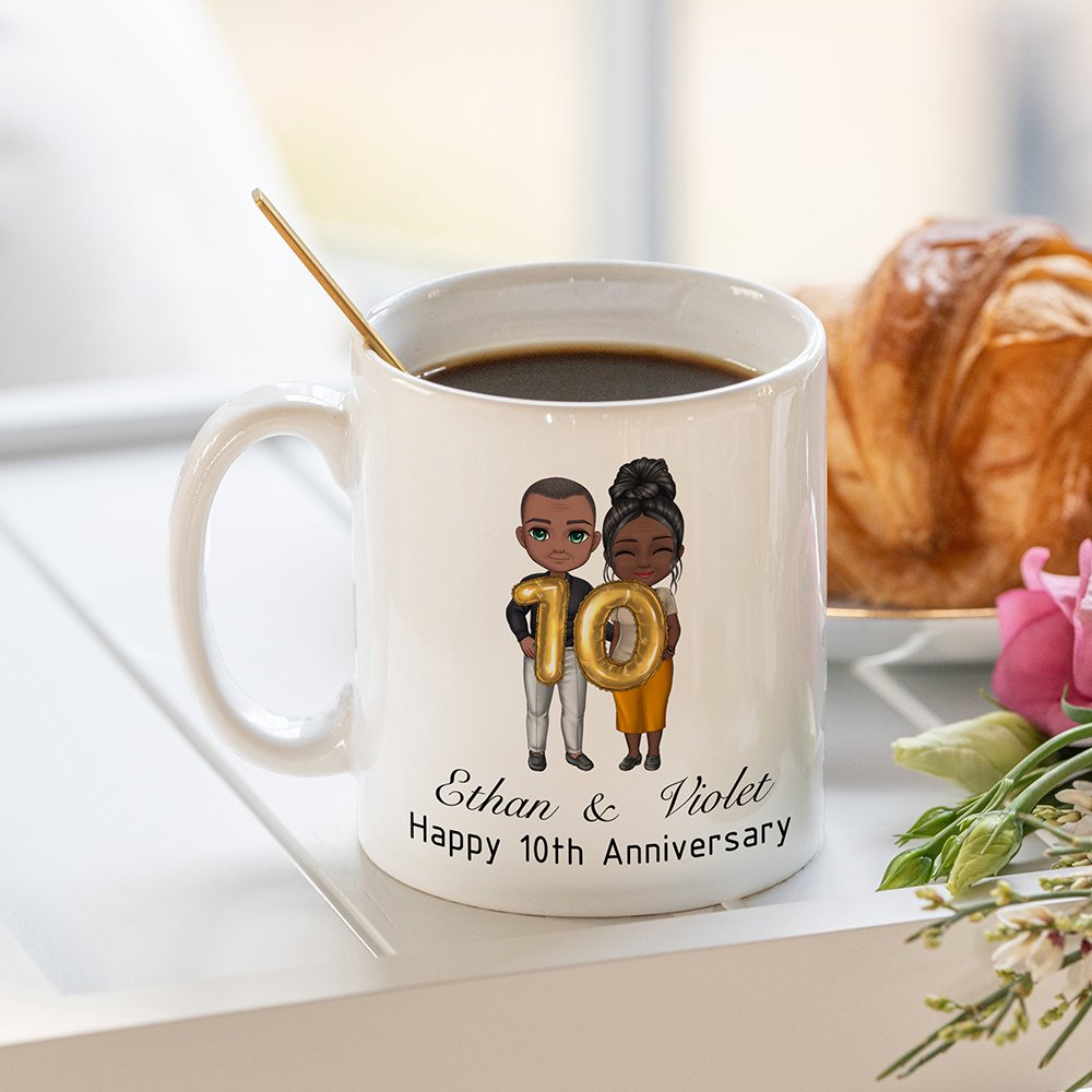 Taza de cerámica personalizada con nombres y texto de globos de dibujos animados regalo de San Valentín para parejas 5
