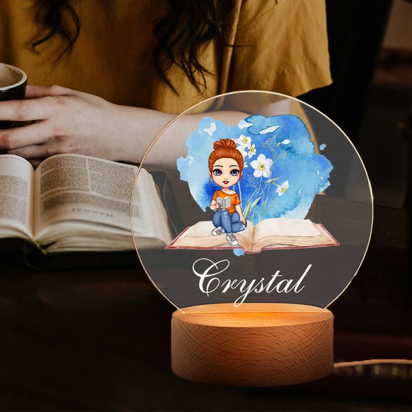 Personalized Watercolour Birth Flower Cartoon Reading Woman LED Night Light with Wooden Base Birthday Room Decor Gift for Bookworm Students