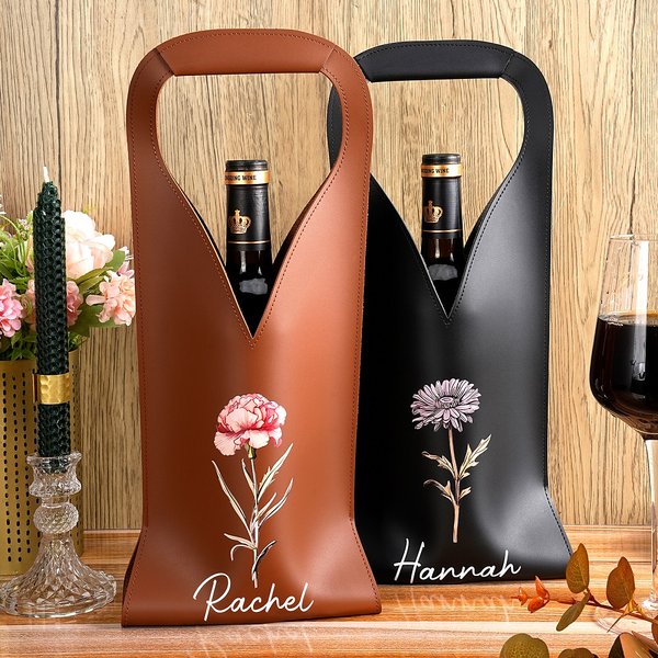 Personalised Birth Flower Leather Wine Bag with Name and Handle Protective Wine Accessories Birthday Dinner Party Gift for Wine Lovers