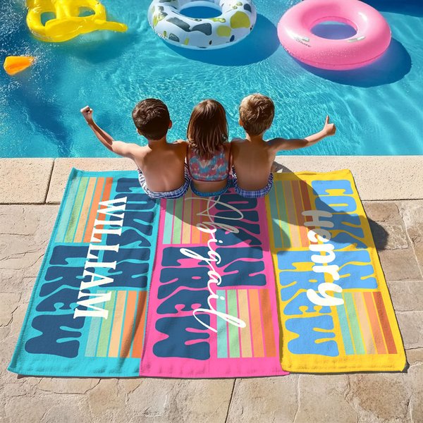 Personalisiertes Mehrfarbiges COUSIN CREW Streifen Strandtuch mit Namen Schnell Trocknend Übergroß Sommer Urlaub Reise Geschenk für Familie Kinder