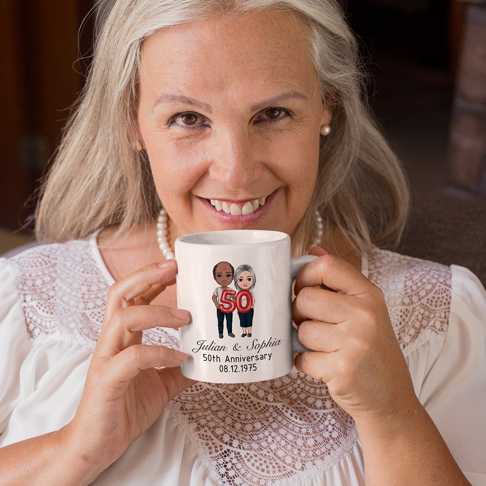 Taza de cerámica personalizada con nombres y texto de globos de dibujos animados regalo de San Valentín para parejas 3