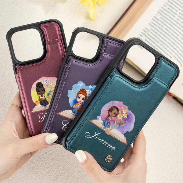 Personalisierte Aquarell Cartoon Mädchen Geburt Blume Buch Leder Flip Wallet Handyhülle mit Namen und RFID-Blockierung Karteninhaber Geburtstag Geschenk für Frauen