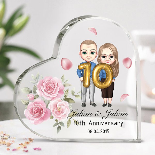 Personalized Cartoon Couple Heart-shaped Acrylic Plaque with Names and Texts Valentine's Day Wedding Anniversary Gift for Husband Wife