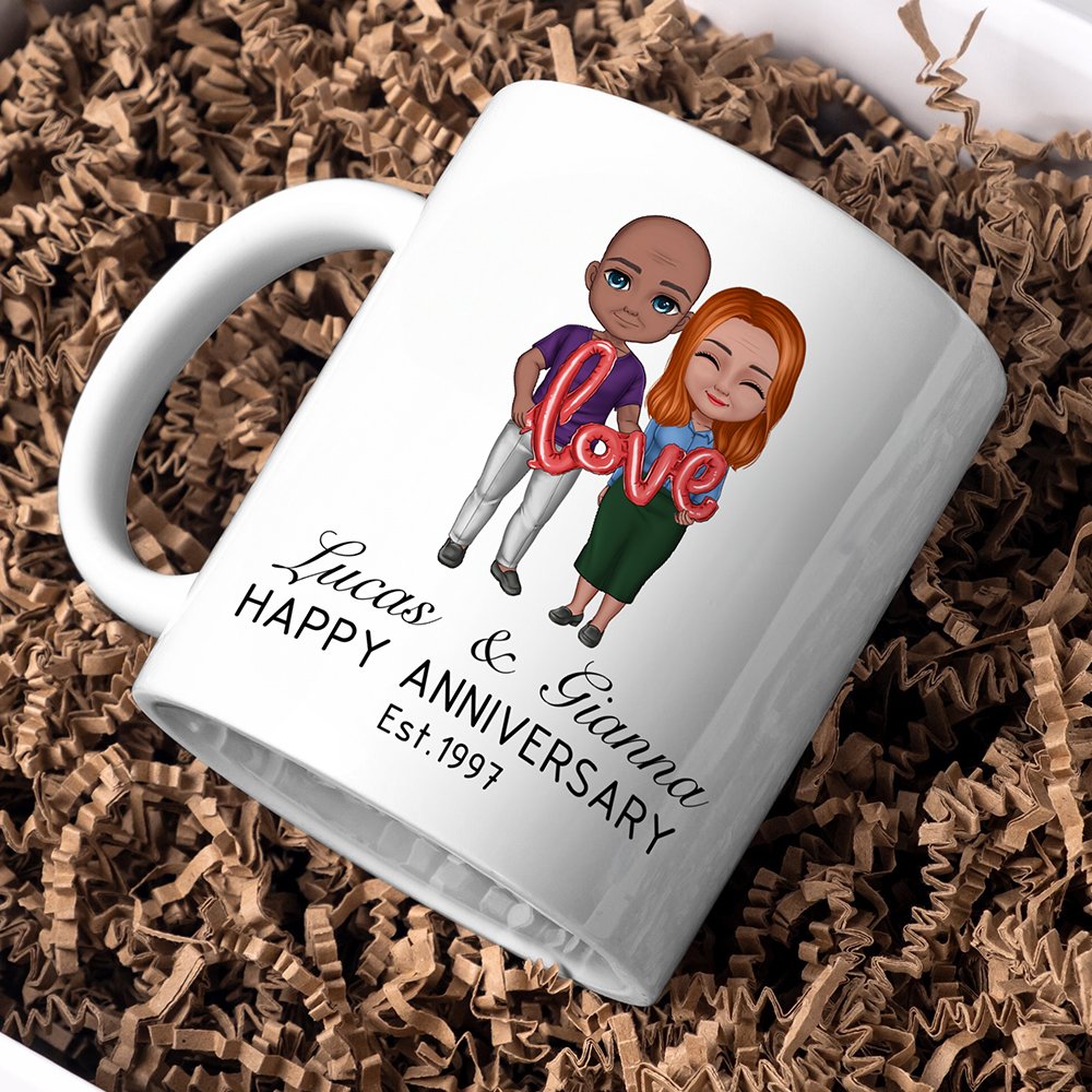 Taza de cerámica personalizada con nombres y texto de globos de dibujos animados regalo de San Valentín para parejas 7