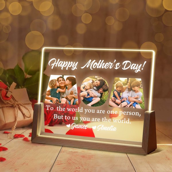 Personlig Happy Mother's Day Akryl LED-nattlys med navn og trebunn Skrivebordsdekorasjon Mors dag Bursdagsgave til mor bestemor