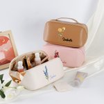 Personalized Watercolor Birth Flower Name Leather Wide Opening Makeup Bag with Handle Portable Accessories Birthday Bridesmaid Gift for Women