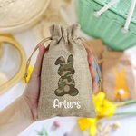 Conejito pintado al óleo con tinta de camuflaje personalizado Bolsa de arpillera con nombre Búsqueda del huevo de Pascua Fiesta de Navidad Regalo para niños Familia