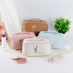 Personalized Watercolor Birth Flower Name Leather Wide Opening Makeup Bag with Handle Portable Accessories Birthday Bridesmaid Gift for Women