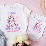 Personalisierte niedliche Tier Mama Umarmungen Baby 100% Baumwolle Baby Bodysuit Matching T-Shirt mit Namen erste Muttertag Geschenk für neugeborene neue Mutter