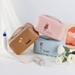 Personalized Watercolor Birth Flower Name Leather Wide Opening Makeup Bag with Handle Portable Accessories Birthday Bridesmaid Gift for Women