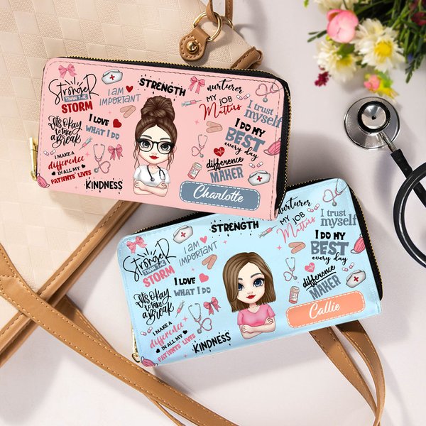 Personalized Cartoon Medical Element Leather Name Handheld Wallet with Multiple Compartments Birthday Appreciation Gift for Doctor Nurse Medical Staff