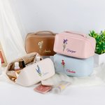 Personalized Watercolor Birth Flower Name Leather Wide Opening Makeup Bag with Handle Portable Accessories Birthday Bridesmaid Gift for Women