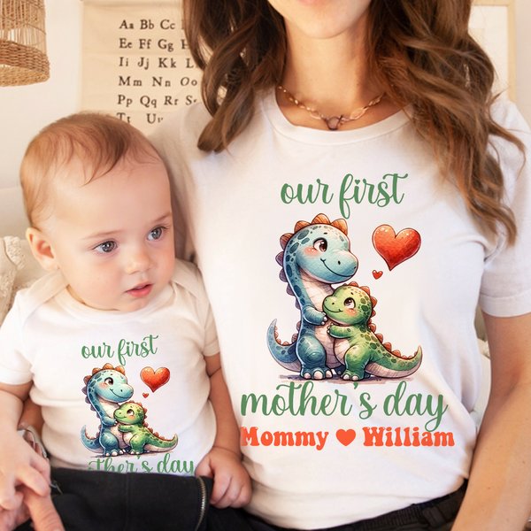 Personalized Cute Animal Mom Hugs Baby 100% Cotton Baby Bodysuit Matching T-shirt with Names First Mother's Day Gift for Newborn New Mom