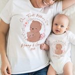 Body Bébé et T-shirt Adulte Personnalisés avec Nom et Date Cadeau de Fête des Mères pour Nouveau-né et Nouvelle maman