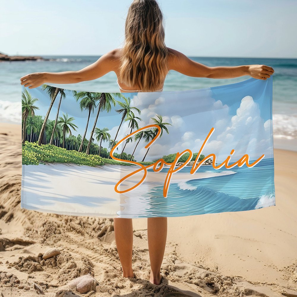 Personalized Tropical Beach Palm Tree Oversized Beach Towel with Name  Super Absorbent Summer Vacation  Travel Essential Gift for Women Men 2