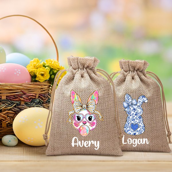 Personalizzato mimetico inchiostro pittura ad olio coniglietto coulisse Burlap trattare borsa con nome Pasqua Egg Hunt Holiday Party Favors regalo per bambini famiglia