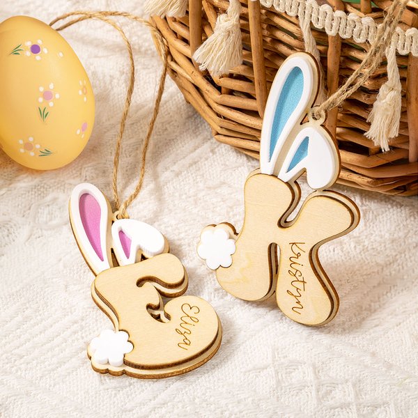 Personalised Bunny Ears and Tail Cute Initial Wooden Easter Basket Tag with Name Birthday Easter Party Children's Day Gift for Kids