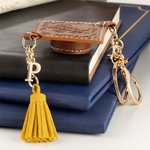 Personalized Brown PU Leather Graduation Cap Keychain with Initial and Tassel Graduation Keepsake Gift for Graduates
