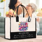 Personalized Best Mom Ever Floral Large Capacity Canvas Tote Bag with 1-6 Names Birthday Mother's Day Gift for Mom Grandma