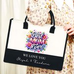 Personalized Best Mom Ever Floral Large Capacity Canvas Tote Bag with 1-6 Names Birthday Mother's Day Gift for Mom Grandma