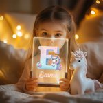 Personalisiertes Niedliches Fantasie Einhorn Acryl LED Nachtlicht mit Namen Initiale Holzsockel Kinderzimmer Haus Deko Geburtstag Geschenk für Kinder